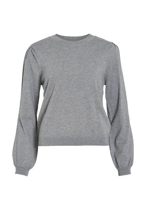 Siva duga majica s dugim rukavima, okruglim izrezom i napuhanim rukavima. Izrađena od mekog materijala sa rebrastim donjim rubom i manžetama. Jednostavan dizajn.