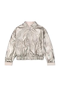 Metallic silver bomber jacket with a zip front, elasticized hem and cuffs, and two side pockets. Smooth, shiny fabric with a lightweight texture.
