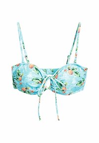 Világoskék bikini felső ananász és lev�él mintával, állítható pántokkal és elöl megkötős részlettel. Simább, elasztikus anyag.