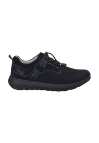 Black athletic shoe with a mesh and suede upper, featuring contrast stitching, a rounded toe, and a textured rubber sole.