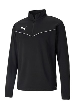 Zwarte quarter-zip pullover van soepel materiaal. Voorzien van een wit PUMA-logo en een witte accent over de borst, met lange mouwen.