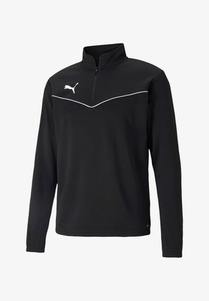 Schwarzer Quarter-Zip-Pullover aus glattem Stoff. Mit einem weißen PUMA-Logo und einem weißen Akzent über der Brust, sowie langen Ärmeln.