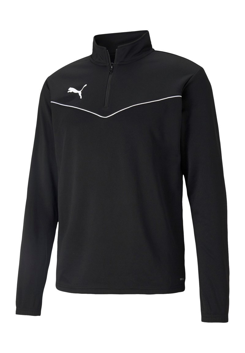 Zwarte quarter-zip pullover van soepel materiaal. Voorzien van een wit PUMA-logo en een witte accent over de borst, met lange mouwen.