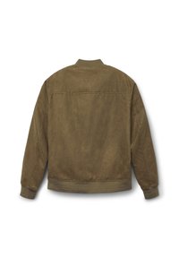 Giacca bomber in suede verde oliva con colletto, polsini e vita a coste, mostrata da dietro su uno sfondo bianco.