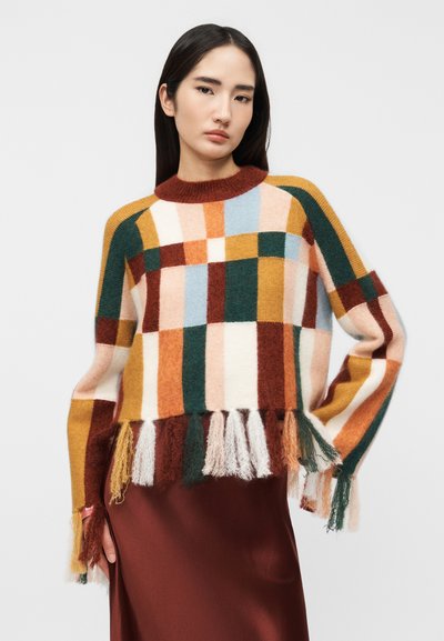 Femme portant un pull à carreaux multicolores avec des franges et une jupe marron, debout devant un fond clair uni.