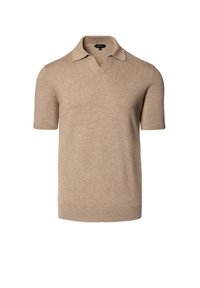 Beżowy sweter polo z krótkim rękawem i dekoltem w kształcie V, wykonany z miękkiego materiału. Posiada klasyczny kołnierzyk i ściągacz u dołu, idealny do codziennych stylizacji.