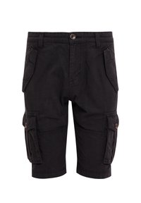 Shorts cargo noirs avec deux poches latérales, une fermeture à bouton et des coutures décoratives. Fabriqués en tissu résistant, avec une coupe droite et des bords ourlés.