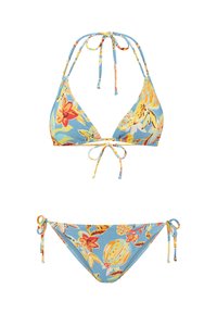 Kék virágmintás bikini szett, triangle fazonú felsővel, amit a nyak és a hát hátul megkötős, valamint oldalt megkötős alsóval, mindkettő élénk virágmintákkal díszítve.