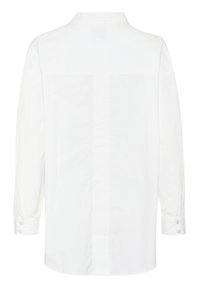 White long-sleeve shirt, made of cotton, featuring a classic collar, buttoned cuffs, and a back yoke seam with a smooth, flat texture.