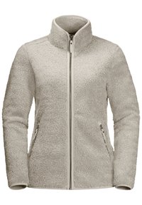 Chaqueta de forro polar gris claro con cremallera frontal completa, cuello alto, mangas largas y bolsillos laterales con cremallera.