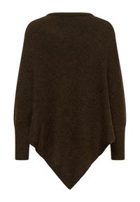 Poncho en maille marron foncé avec manches longues et ourlet pointu devant et derrière, conçu pour une coupe ample.