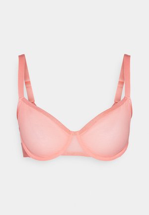 Soutien-gorge rose pâle avec armatures, en tissu lisse, avec des bretelles en satin réglables et des coutures contrastées sur les bords. Bonnet sans couture avec une forme arrondie.
