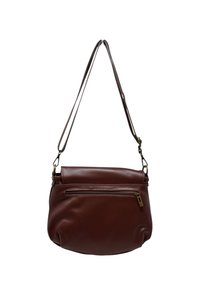 Borsa a tracolla in pelle marrone con tracolla regolabile e tasca anteriore con zip, fondo arrotondato morbido e zip dorata.