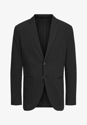 Meeste must bleiser sälgkraega, kahe nupu, rinnatasku ja kahe küljetaskuga, valgel taustal.