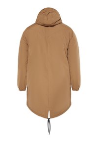 Bruine hoodie parka jas met lange mouwen, rechte snit en trekkoord aan de zoom. Soepele textuur en minimalistisch ontwerp.