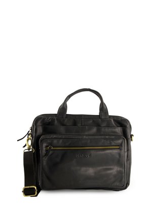 Schwarze Leder-Laptoptasche mit zwei oberen Tragegriffen, verstellbarem Schultergurt, vorderer Reißverschlusstasche und prägierter Markenlogo.