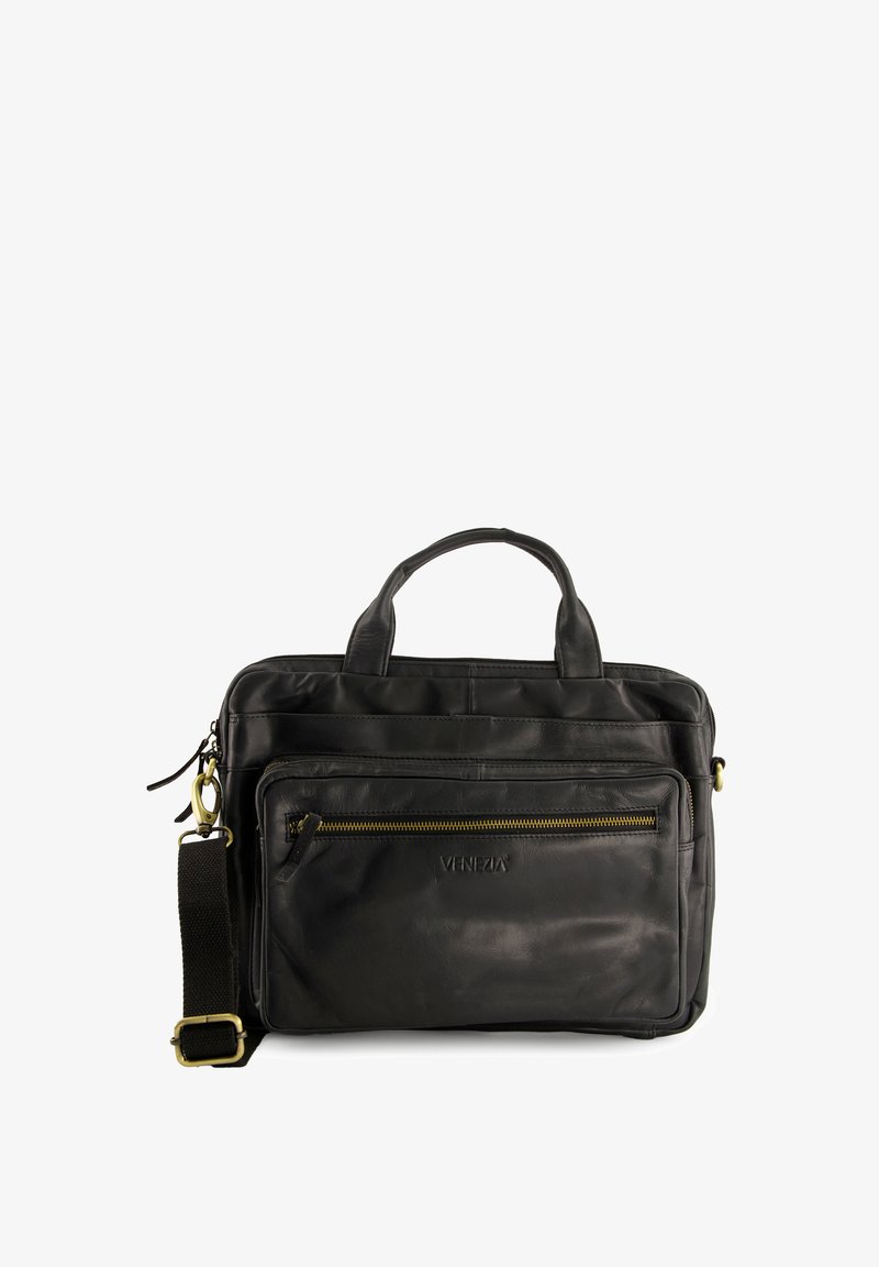 Schwarze Leder-Laptoptasche mit zwei oberen Tragegriffen, verstellbarem Schultergurt, vorderer Reißverschlusstasche und prägierter Markenlogo.