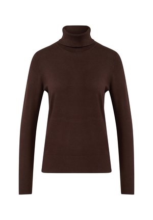 Dunkelbrauner Langarm-Turtleneck-Pullover mit enganliegendem Schnitt und gerippten Bündchen und Kragen auf weißem Hintergrund.