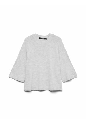 Maglione grigio chiaro a maglia con scollatura rotonda, ampie maniche a tre quarti a campana e una vestibilità ampia e rilassata. Tessuto morbido senza motivi evidenti.