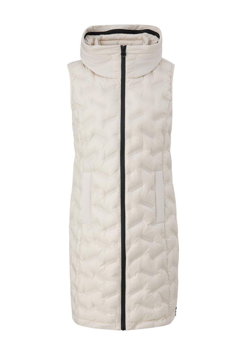 Gilet senza maniche in bianco sporco con colletto alto, zip nera e tasche laterali. Motivo a grana trapuntato su tutta la superficie.