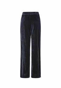 Pantaloni a gamba larga in velluto blu scuro. Texture morbida con vita elastica. Gambe dritte con finitura liscia e senza motivi visibili.