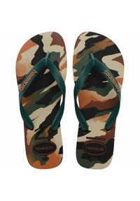 Infradito con motivo camouflage, con una soletta testurizzata e cinturini in gomma verde. Logo "Havaianas" in arancione sulla soletta.