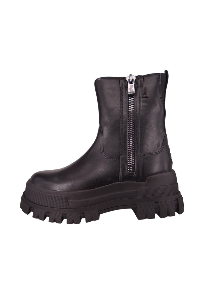 Botas negras de cuero hasta el tobillo con una suela gruesa, cremallera lateral, textura suave y diseño minimalista. Cuenta con una suela de goma gruesa con relieves.