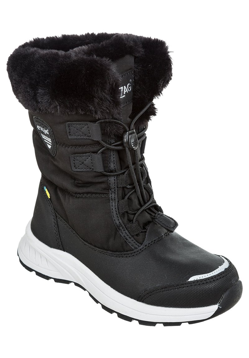 Botte d'hiver noire avec un col en fausse fourrure, extérieur en nylon, devant à lacets, accents réfléchissants et semelle en caoutchouc durable pour une meilleure adhérence.