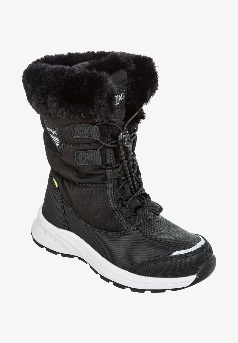 Schwarze Winterstiefel mit einem Kunstfellkragen, Nylonaußenmaterial, Schnürung, reflektierenden Akzenten und einer haltbaren Gummisohle für Trittsicherheit.