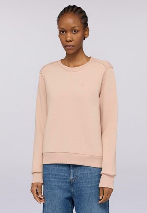 Roze sweatshirt gemaakt van zachte stof, met een ronde halslijn en ribgebreide manchetten. Beschikt over een subtiele logo op de borst en heeft een ontspannen pasvorm.