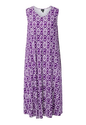 Ärmelloses, locker sitzendes violettes Kleid mit weißem geometrischem Diamantmuster und rundem Ausschnitt.