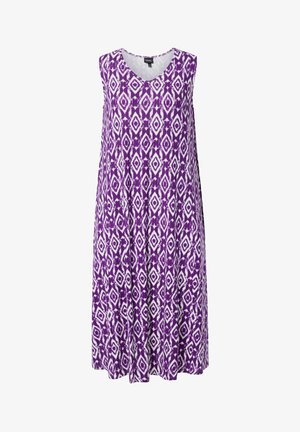 Fioletowa sukienka bez rękawów o luźnym kroju z białym geometrycznym wzorem diamentów i okrągłym dekoltem.