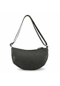 Schwarze Stoff-Schultertasche mit einer geschwungenen Form, strukturiertem Oberflächenmaterial, Reißverschluss und verstellbarem Tragegurt für vielseitige Tragmöglichkeiten.