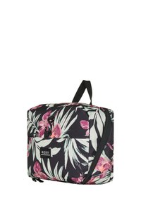 Zwarte bloemen rugzak met een roze en groene palmbladpatroon. Voorzien van een handvat aan de bovenkant, een ritssluiting voorvak en een Roxy-logo patch.