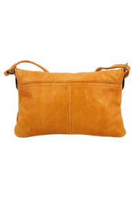 Borsa a tracolla in pelle marrone chiaro con cuciture visibili e tracolla regolabile, mostrata da dietro su uno sfondo bianco.