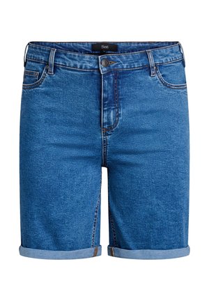 Denim shorts in medium blue, met een opgerolde zoom, klassiek vijf-pocket ontwerp en contrasterende stiksels. Etiket zichtbaar op de tailleband.