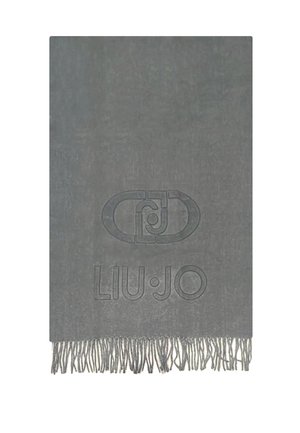 Sciarpa grigia realizzata in tessuto morbido, con un logo testurizzato e bordi frangiati per un tocco in più. Ha una forma rettangolare.