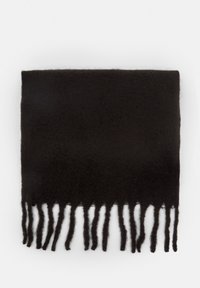 Sciarpa nera in morbida lana, con una texture liscia e bordi frangiati per un tocco di dettaglio. Forma rettangolare e colore uniforme.