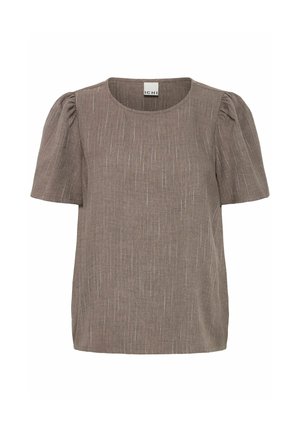 Korte mouw bruin top met een ronde hals, textuurstof met subtiele lichte strepen en gathered pofmouwen.