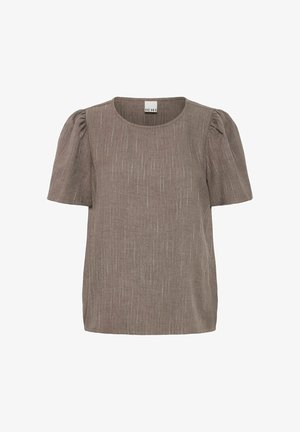 Short-sleeve brown top featuring a crew neckline, textured fabric with subtle light streaks, and gathered puff sleeves.