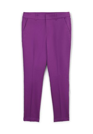 Pantaloni viola su misura realizzati in tessuto morbido, dotati di due tasche frontali, con vita piatta e gamba dritta, rifiniti con orli ben curati.