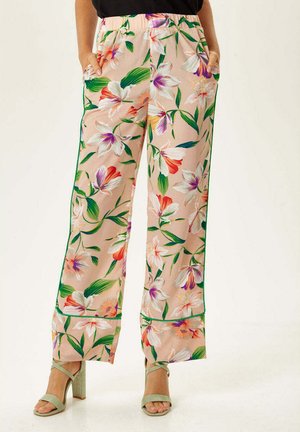 Floral-print wide-leg pants in soft fabric, featuring bright pink, purple, and green hues with an elastic waistband and side pockets.