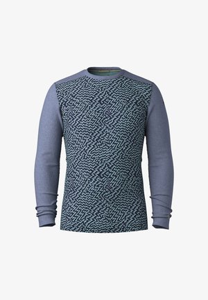 Sudadera de manga larga con un cuerpo texturizado en un azul marino oscuro con un patrón de zigzag en un azul más claro, mangas grises sólidas y puños acanalados.