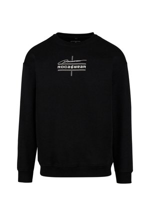 Schwarzer Pullover aus weichem Material, mit Rundhalsausschnitt, langen Ärmeln und einem zentralen GrafiklLogo in Weiß.