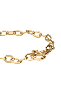 Gouden ketting met verlengde schakels in verschillende maten, gepolijste afwerking en een opvallende, getextureerde schakel als blikvanger.