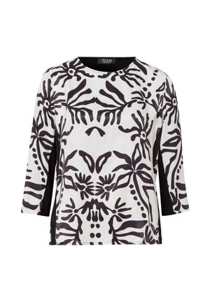 Schwarz-weißes Langarmoberteil mit floralem Muster und soliden schwarzen Akzenten an den Seiten. Glattes Material mit rundem Ausschnitt.
