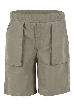 Pánske šortky v olivovo zelenej farbe, s elastickým pásom, dvoma veľkými prednými cargo vreckami a hladkou, textúrovanou látkou s jemnými pásikmi.