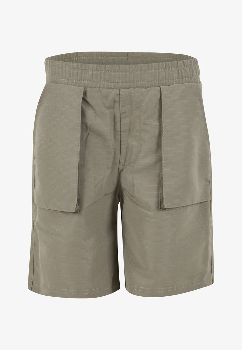 Shorts pour hommes de couleur vert olive, dotés d'une ceinture élastique, de deux grandes poches cargo avant, et d'un tissu lisse et texturé avec des rayures subtiles.