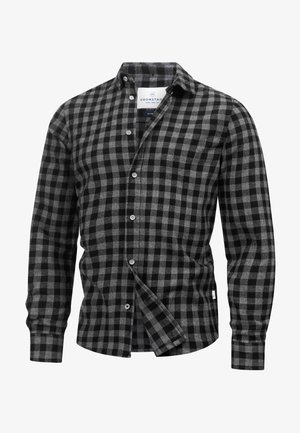 Cămașă din flanel în carouri negre și gri, cu mânecă lungă, închidere cu nasturi și guler. Prezintă un model de carouri contrastant și un tiv rotunjit.