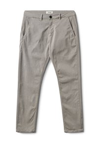 Graue, schlanke Hose aus strukturiertem Stoff. Mit Knopfverschluss, Gürtelschlaufen und Eingrifftaschen.
